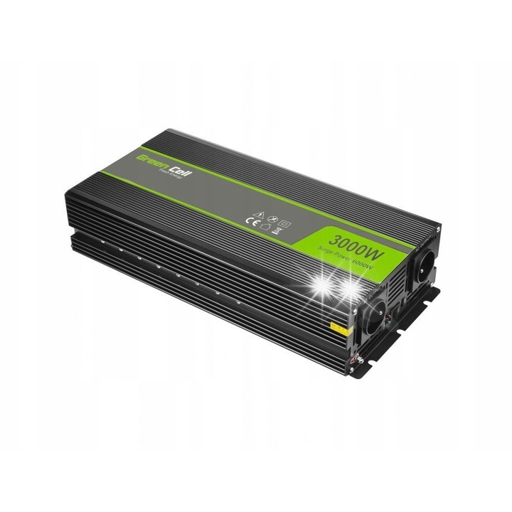 Инвертор за кола Green Cell 12V 230V 3000W, с USB порт, черен цвят, размери 37x20.9x9.3cm