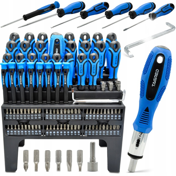 Комплект магнитни отвертки и битове Tagred, 100 елемента, със стойка, от хром-ванадиева стомана, с гумени дръжки