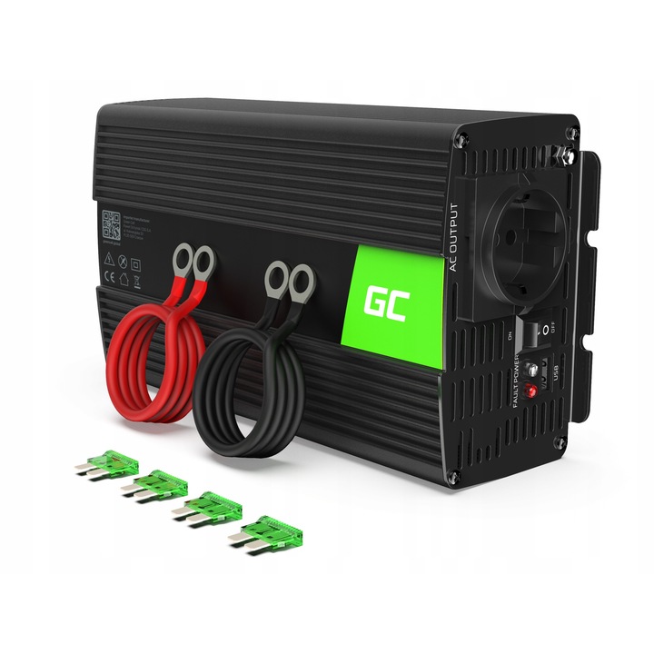 Inverter 12V-ról 230V-ra Green Cell 1000W, módosított szinuszos, USB port, 30x15x10cm