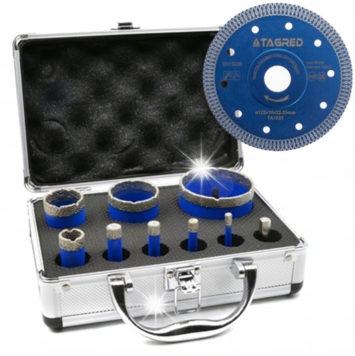 Tagred 8 db-os gyémánt fúrófej készlet kerámia és kő számára, 6-68 mm, M14 - 3/8" HEX adapterrel, alumínium tok