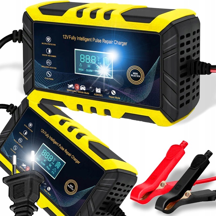 Stazer 12V/8A 24V/4A autóakkumulátor töltő javító funkcióval, LCD, 170x90x65mm