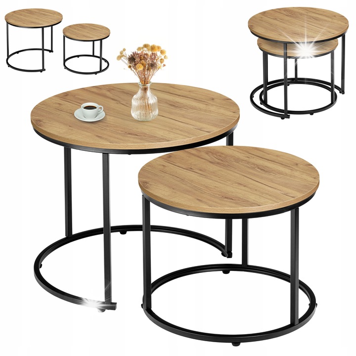 Комплект 2 Масички Galen Small Craft, Метал, Черен Мат/Craft, 53x45см и 43x35см