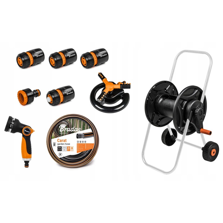 Метална количка с градински маркуч CARAT 1/2" 20м, 3 бързи конектора BLACK LINE, пистолет за пръскане с 8 функции, Bradas