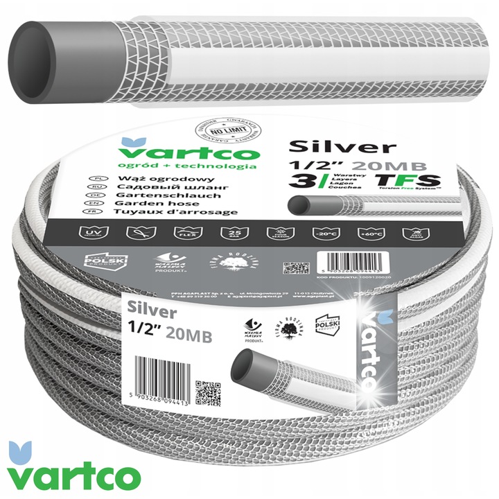 Градинарски маркуч Vartco, 3/4", 50м, сив с бяла лента, UV устойчив