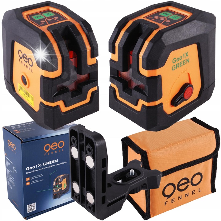 Лазерен линеен кръст Geo1X GREEN, Geo-Fennel, 70м, зелен, комплект със стойка и батерии, размери 9x14x18см