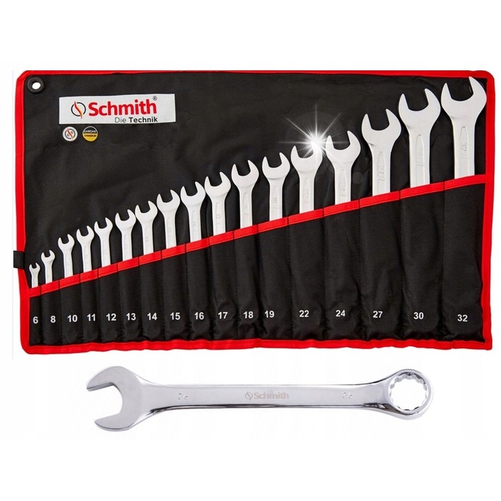17 darabos villáskulcs készlet, Schmith, 6-32mm, króm-vanádium acél, fali tartóval