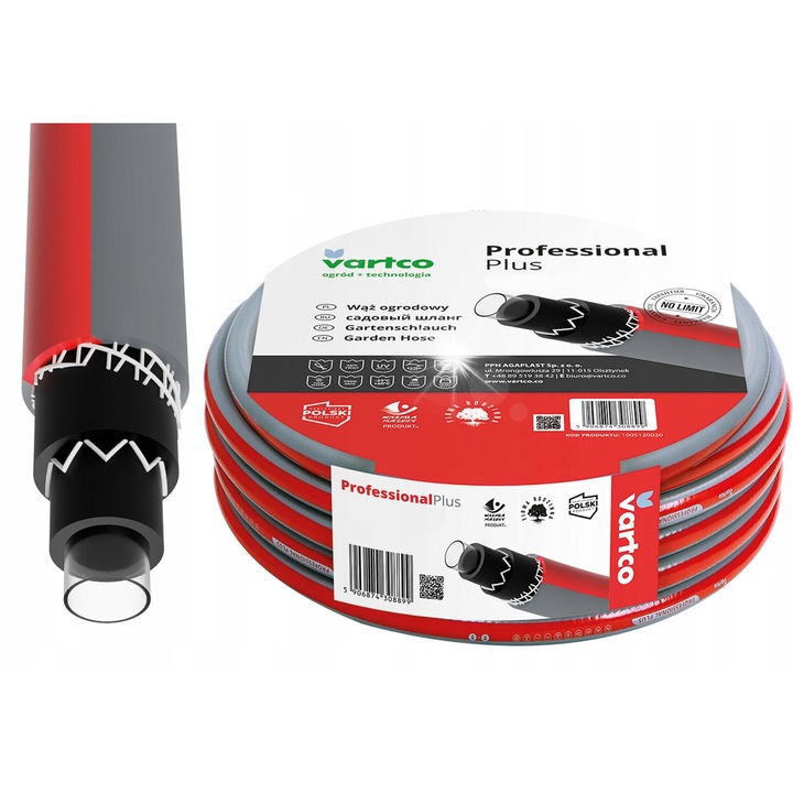 Маркуч за градина, Vartco, PROFESSIONAL PLUS, 6 слоя, 1" x 30м, червено-сив