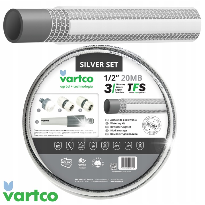 Vartco Silver TFS 1/2" 20m kerti tömlőszett, szürke-fehér, tartozékokkal