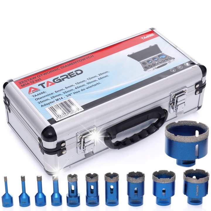 Tagred 11 darabos gyémánt fúrókészlet kerámiához, csempéhez, gránithoz, márványhoz, 6-68 mm, HEX/M14 adapterrel, alumínium tokban