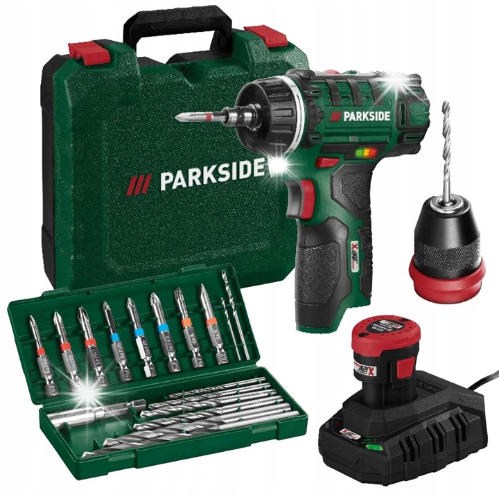 Акумулаторна бормашина-отвертка PARKSIDE PBSA 12 E4, 12 V, 2 скорости, LED, пълен комплект с куфар