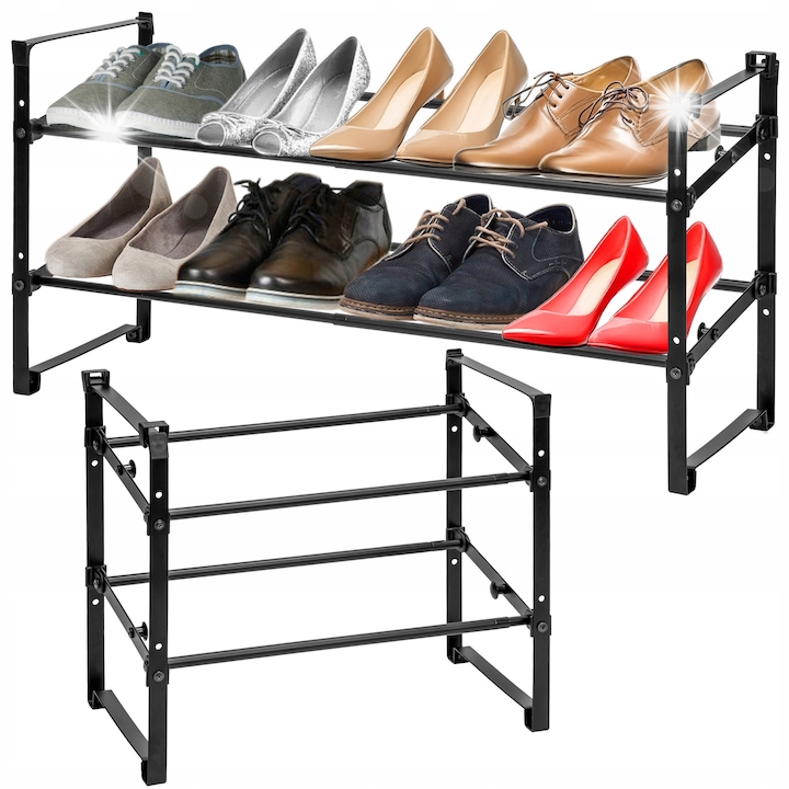 Cipőtartó, GMM Group, 2 szintes, fém, fekete, méretek 39,5x45,5-80x24cm