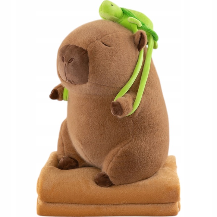 Капибара с одеяло, плюшена играчка, 40см, кафява със зелена раница