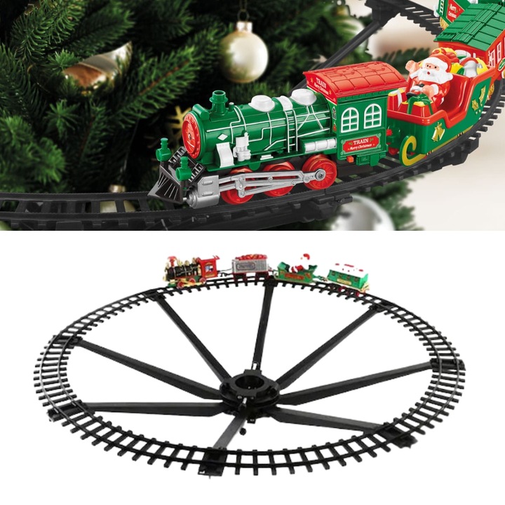 Trenulet Electric Pentru Brad IdealTI®, Carusel de Agatat in Brad cu Lumini si Sunete Realiste, Include Locomotiva+2 Vagoane, Sanie Mos Craciun, 80 cm, pentru baieti si fete, 3 ani+