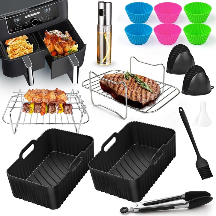 Set 15 piese accesorii air fryer compatibil cu Ninja AF300EU AF400EU Friteuza cu aer cald dual de 7.6L-9.5L- Tava de coacere, Gratar, Cleste, Sticla de pulverizare, Usor de curatat, Pentru gatit acasa/in aer liber, coacere, camping