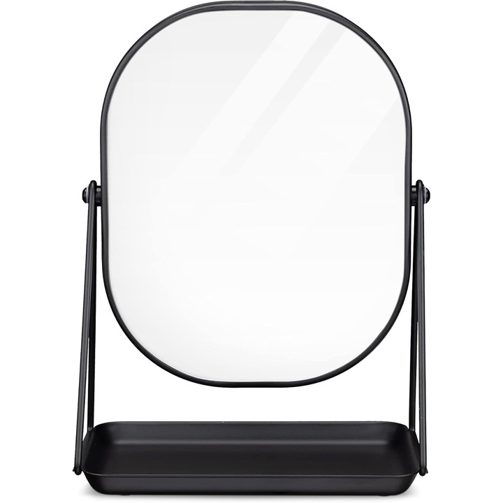 Oglinda cosmetica Navaris, rotativa 360°, ovala, cu baza metalica si tava pentru bijuterii, 18 x 28 cm, Negru