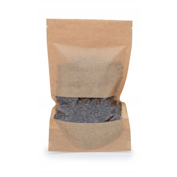 Set Pungi Din Hartie Cu Fereastra Mica, Neopac, Ambalaj Ecologic Pentru Produse Vrac Si Semi Lichide, Atestat Pentru Contactul Cu Alimentele, Crestatura Pentru Deschidere Usoara, Inchidere Cu Fermoar Reutilizabil, 27 x 16 x 8 cm, Kraft, 100 Buc