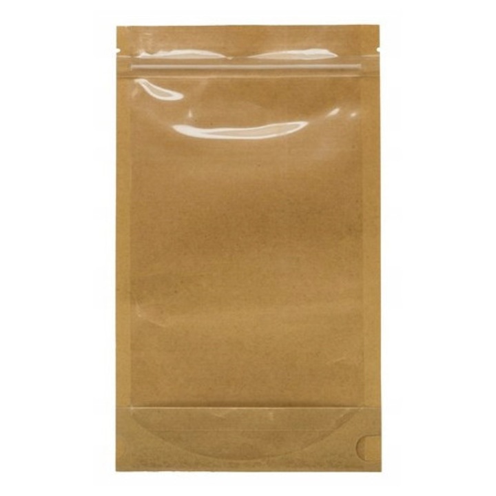 Set Pungi Doypack 750 ml Cu Fereastra Mare, Neopren, Sticla, Folie Bopp 12 Μm, Hartie 50 g/M², Folie Cpp 80 Μm, 16 x 27 x 8 cm, Maro Cu Fereastra Transparenta, 100 Buc