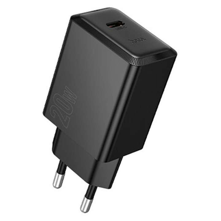 Hoco N68 Hálózati töltő, USB-C kábel 1m, PD20W, 1xUSB-C, FastCharge, Fekete