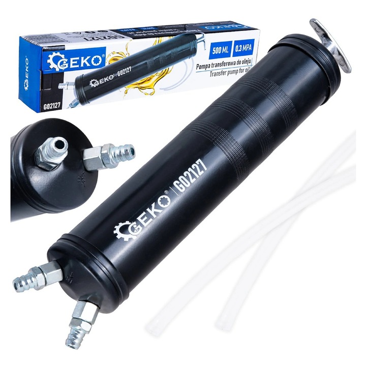 Помпа за прехвърляне на гориво, Geko, ръчна бутална, 500 ml, 31, 5x6x6 cm, комплект с 2 маркуча 59 см
