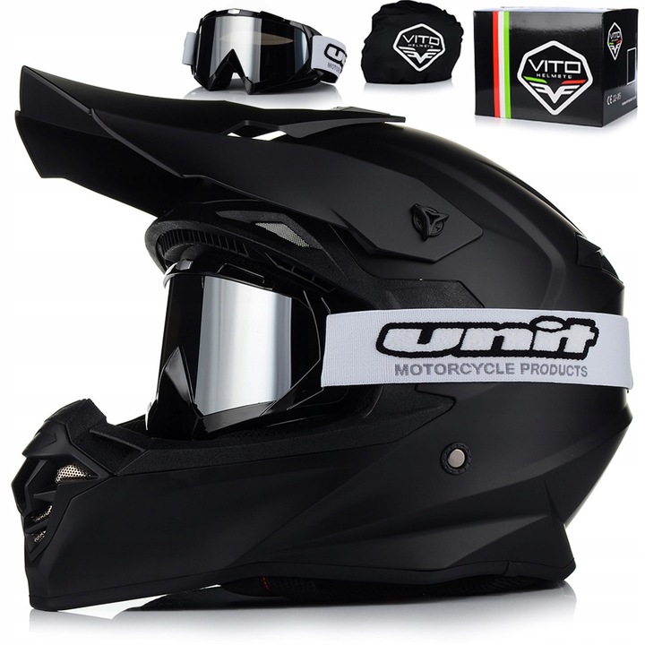 Каска за мотоциклет, Vito Tivoli, Мотокрос, с включени очила, Матово Черно, ECE 22.06, XL 61–62 см