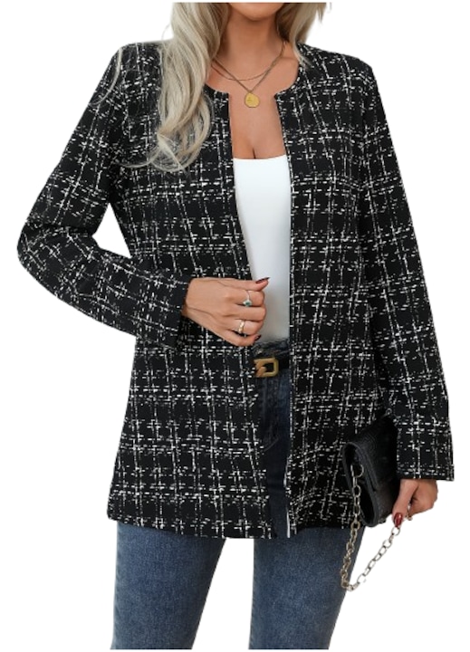 Sacou office elegant, model in carouri, talie lunga, maneca lunga, culoare negru cu carouri albe, Negru