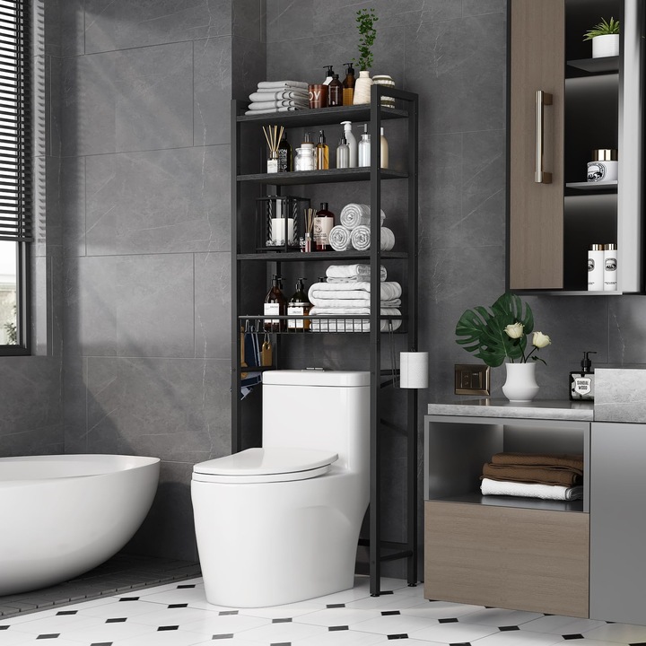 Kalrin WC-polc, multifunkcionális fürdőszobai állvány, 4 szintes, fekete