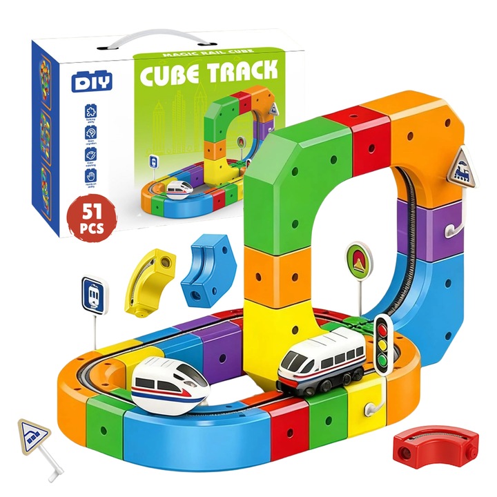 Електрически USB комплект влакче с 3D трасе Lommad®, 51 части с релси – конструкция Clip-Fit, цветни кубчета, строителни блокчета, образователна играчка за деца 3–8 години, комплект за изграждане на влакче със склонове, примка, мостове и творчески трасета