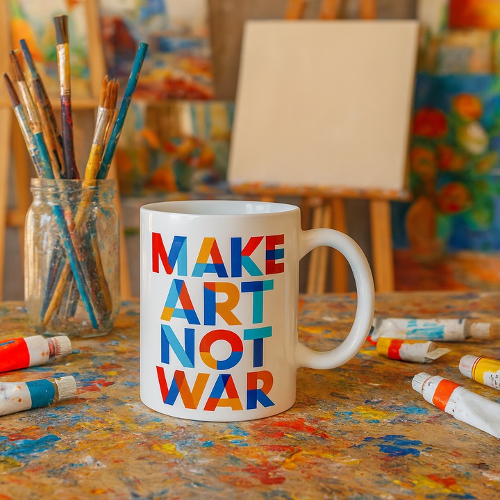 Személyre szabott kerámia bögre, modern színes design, MAKE ART NOT WAR, 350ml