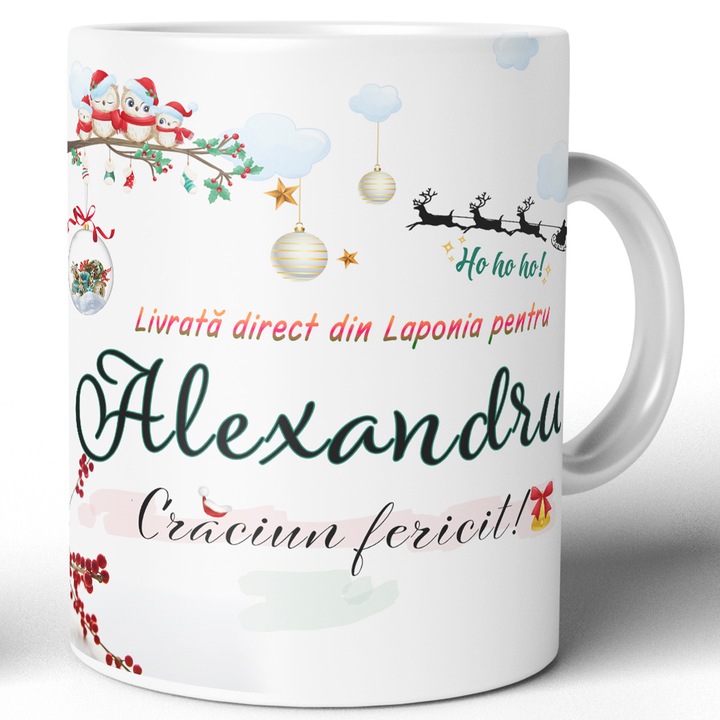 Cana Personalizata Craciun Joystos, design festiv, personalizare nume, alb, 330ml