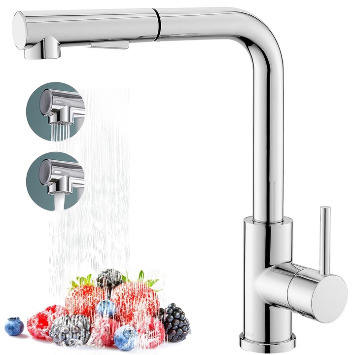 Кухненска Батерия YOUKUKE®, Модерен Смесител за Вода с Гъвкав Чучур, Изтеглящ се Душ с Две Функции, Регулируема Струя, Едноръкохватков, Въртящ се на 360°, за Кухня, Неръждаема Стомана, Матово Покритие, Сребрист