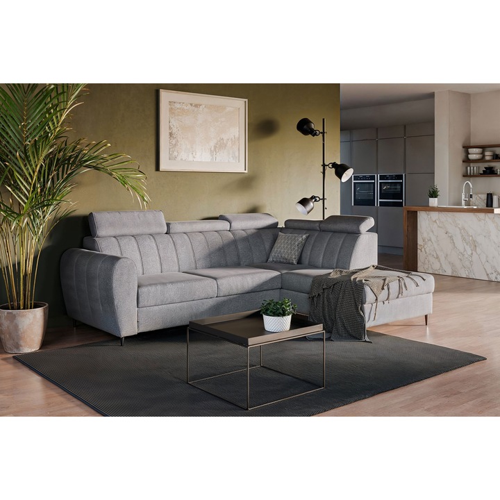 Coltar, Meble Bogart, 265 x 200 cm, Celias L Partea Dreapta, Tetiere Reglabile, Cutie De Depozitare, Picioare Metalice, Velur Gri Kronos 22