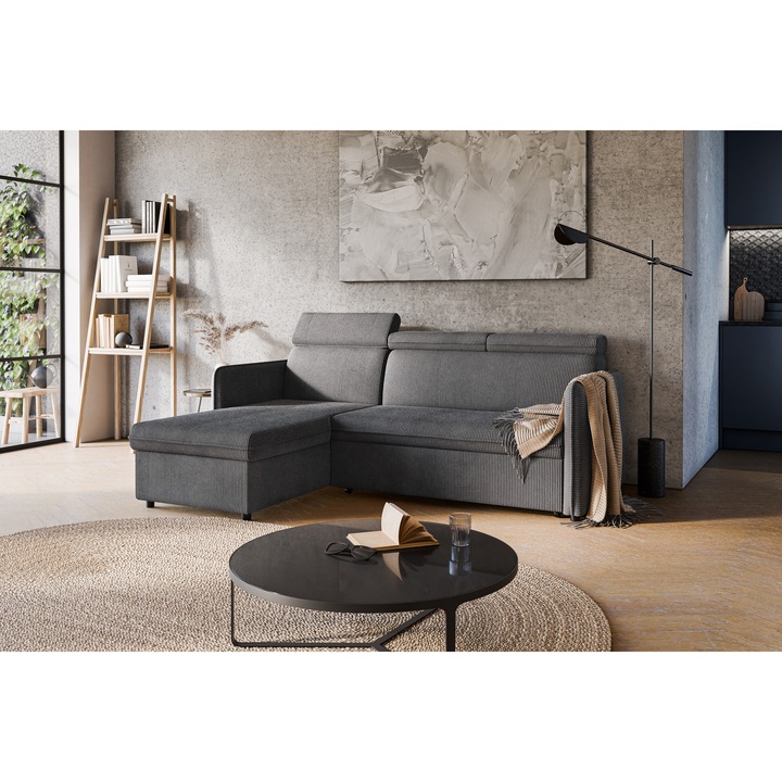 Coltar, Meble Bogart, Barcelia Mini, 220 x 165 x 128 Cm, Anafi 03, Tetiere Reglabile, UsOr De CuratAt, Cadru Din Lemn, Culoare Gri