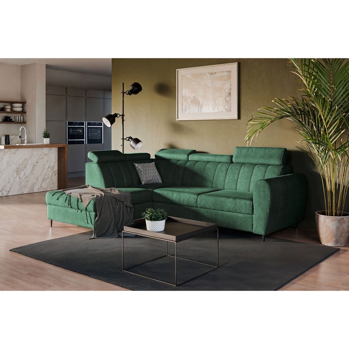 Coltar, Meble Bogart, Functie De Dormit, Tetiere Reglabile, Picioare Metalice, 265 x 91 x 200 Cm, Verde