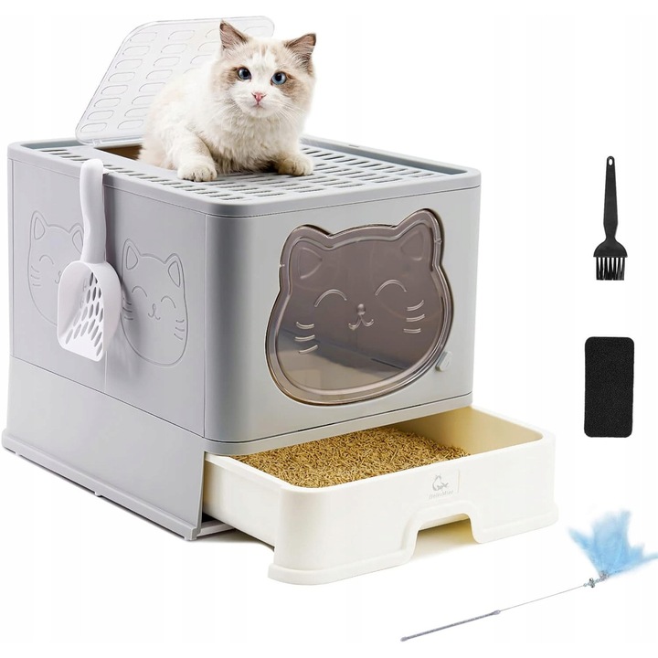 Litieră pisici închisă pliabilă cu sertar, gri, 51x41x38.5cm, cu filtru inclus