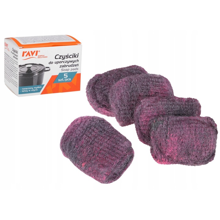 Set 5 bureți de curățare din lână de oțel Ravi, pre-săpuniti, pentru murdărie persistentă, inox, fonta