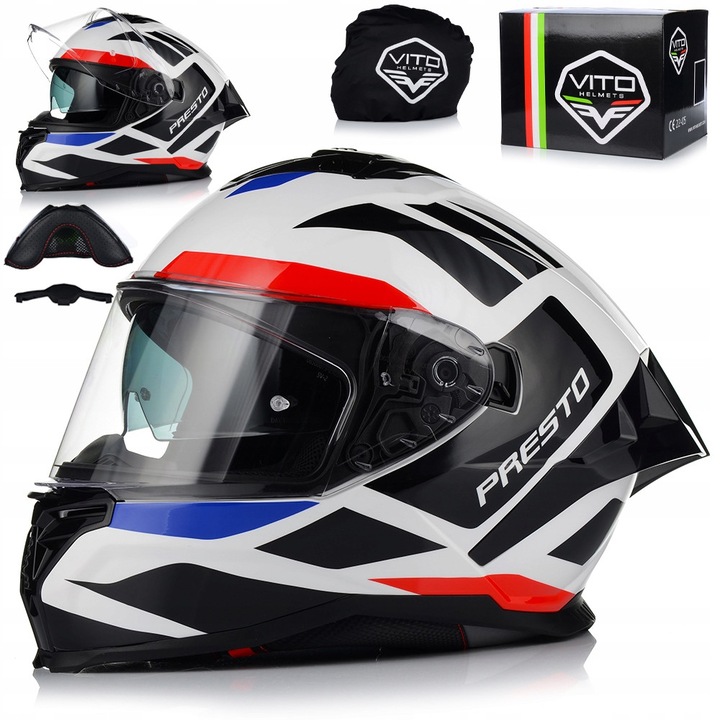 Каска за мотоциклет, VITO Presto Aero, бяла/синя, интегрална, UV защита, ABS, ECE 22.06, XL 61-62 см