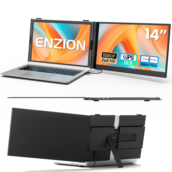 Enzion 14" FHD 1080P hordozható képernyő-kiterjesztő, ultravékony, fekete
