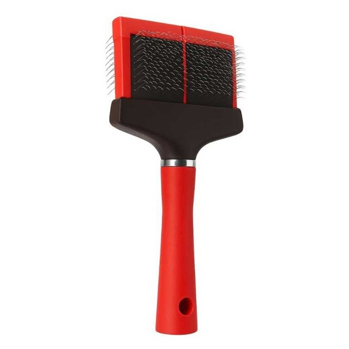 Kétoldalú kefe, TRITRA, állatoknak, vastag szőrhöz és gubancokhoz, rugalmas fejjel, merev sörtékkel, piros