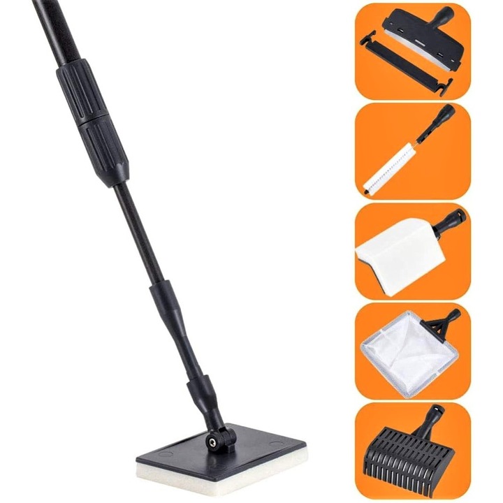 Kit Curatare Acvariu 6 in 1, Sofia CONCEPT®, Maner Telescopic Extensibil din Fibra de Carbon, Accesorii Interschimbabile: Plasa de Pescuit, Lama din Otel inoxidabil, Burete Plat, Burete cu Unghi Drept, Grebla pentru Pietris si Perie Tubulara