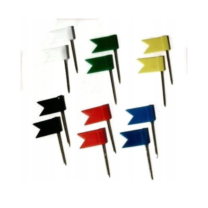 Set 12 Stegulete Colorate pentru Hărți, Alb, Negru, Verde, Roșu, Galben, Albastru, 30x18mm