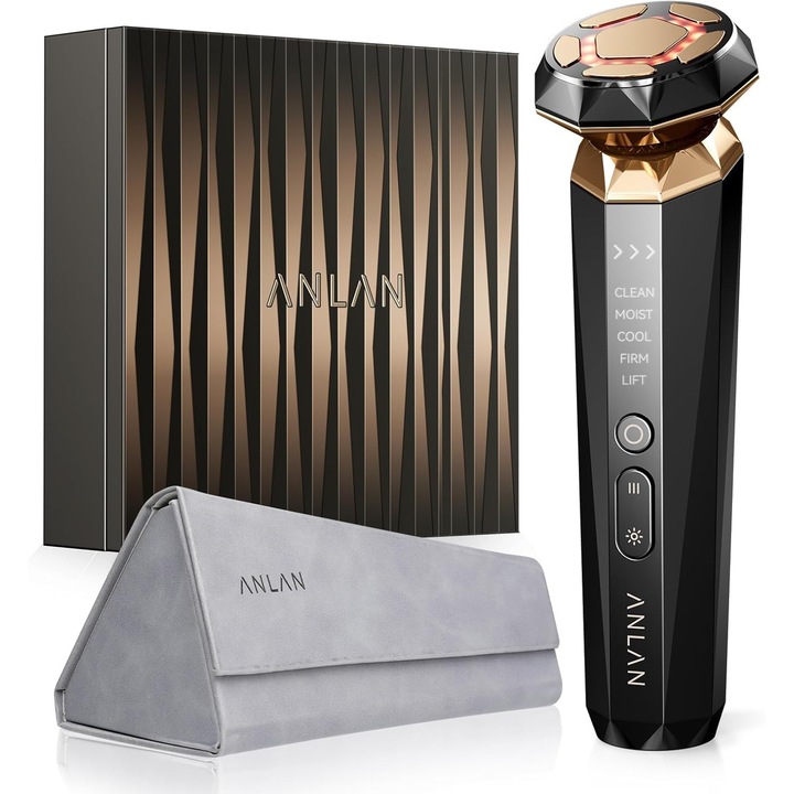 Aparat masaj facial ANLAN 5 in 1 cu cap 18K Gold, RF, EMS, microcurent si fototerapie LED, anti-rid, lifting V-Shape, reincarcabil