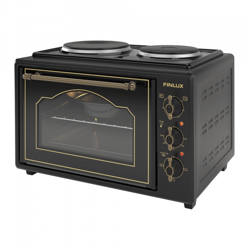 Cuptor electric cu 2 plite Finlux FMC-9705GB, 1600W, 45 l, Usa din sticla, Inchidere lina, Design retro, Negru