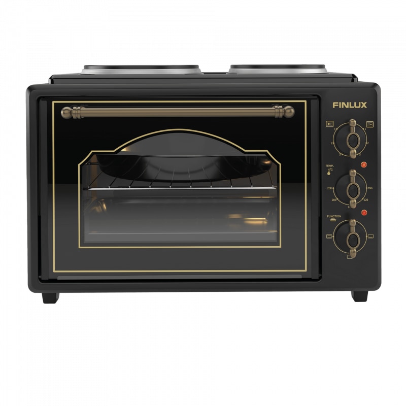 Cuptor electric cu 2 plite Finlux FMC-9705GB, 1600W, 45 l, Usa din sticla, Inchidere lina, Design retro, Negru