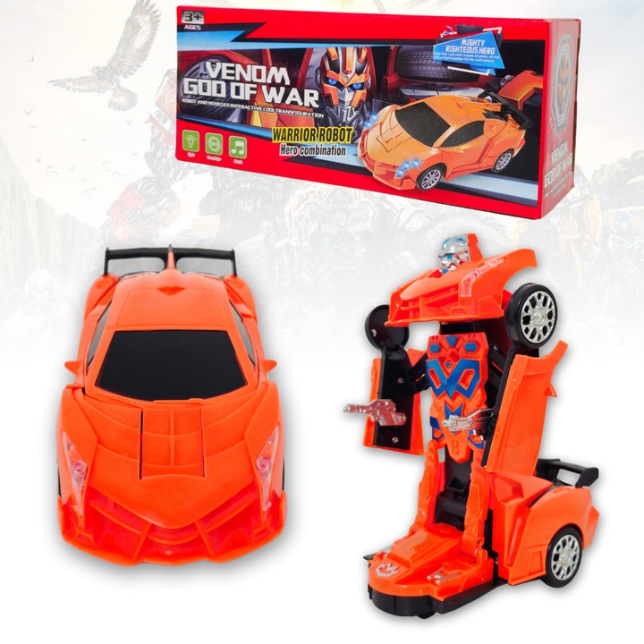 Кола-Робот 2 в 1, LuckyLu®, модел Lamborghini, която се трансформира в робот, със звуци и светлини, 22.5 x 9 x 7.5 см, 3+ години, оранжев