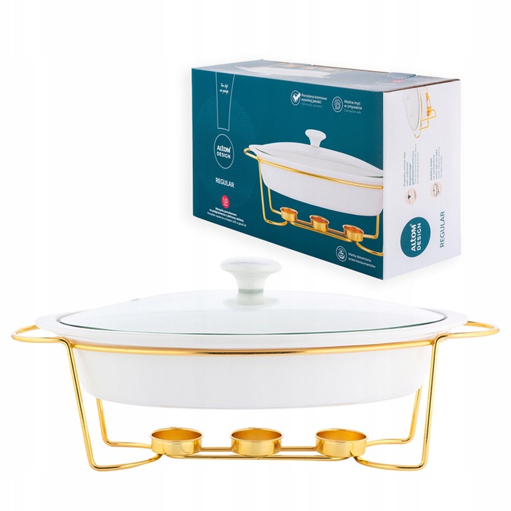Altom Design Regular 1.5L hőálló rakott edény, arany-krém, fém állvánnyal és üvegfedővel