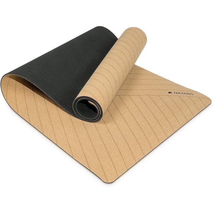 Saltea de yoga Navaris, 183 x 61, din pluta, design cu linii, antiderapanta, Maro