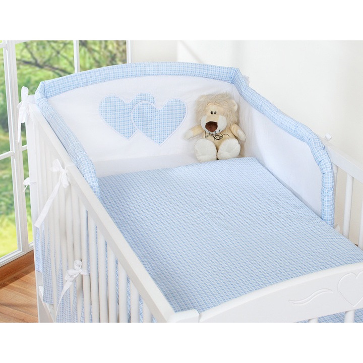 Lenjerie 3 piese Bobono, aplicatii serdute, 100% bumbac, 120x90cm, albastru