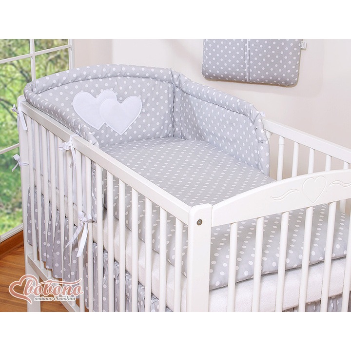 Bobono 3 részes ágynemű, szívecskés applikációk, 100% pamut, szürke, 135x100cm