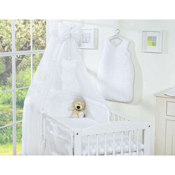 Спално бельо от 5 части Bobono, колекция Wiszace Serduszka, бяло, с балдахин, 100x135см