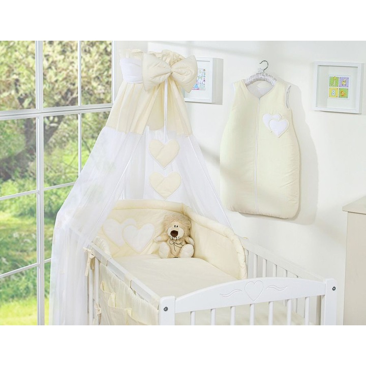 Set lenjerie de pat 5 piese Bobono, aplicatii serduti, alb, 100x135cm